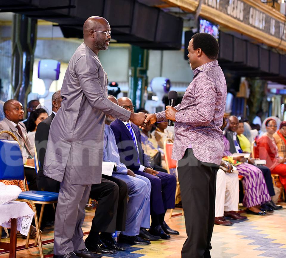 ootball legend George Weah attended a service of The Synagogue Church Of All Nations (SCOAN), led by Pastor T.B. Joshua on Sunday