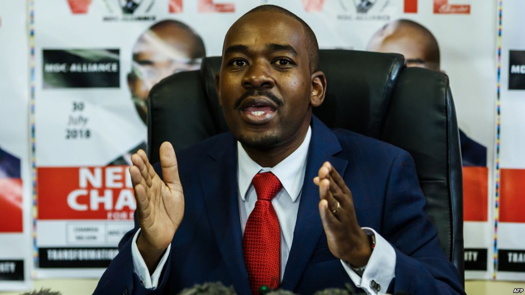 Zimbabwe's Movement for Democratic Change (MDC) party leader Nelson Chamisa holds a press conference